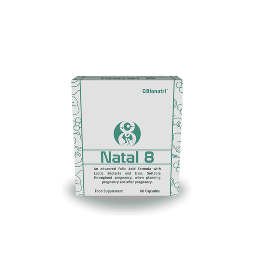 Bionutri Natal 8 prenatal supplement bottle with label, designed for expectant mothers, showing the product container and branding.