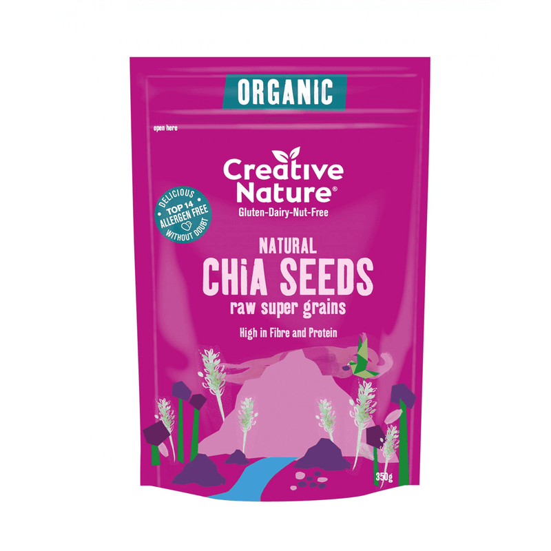 Organic Creative Nature Chia Seeds in a 350g package, showing the natural chia seeds with a close-up view