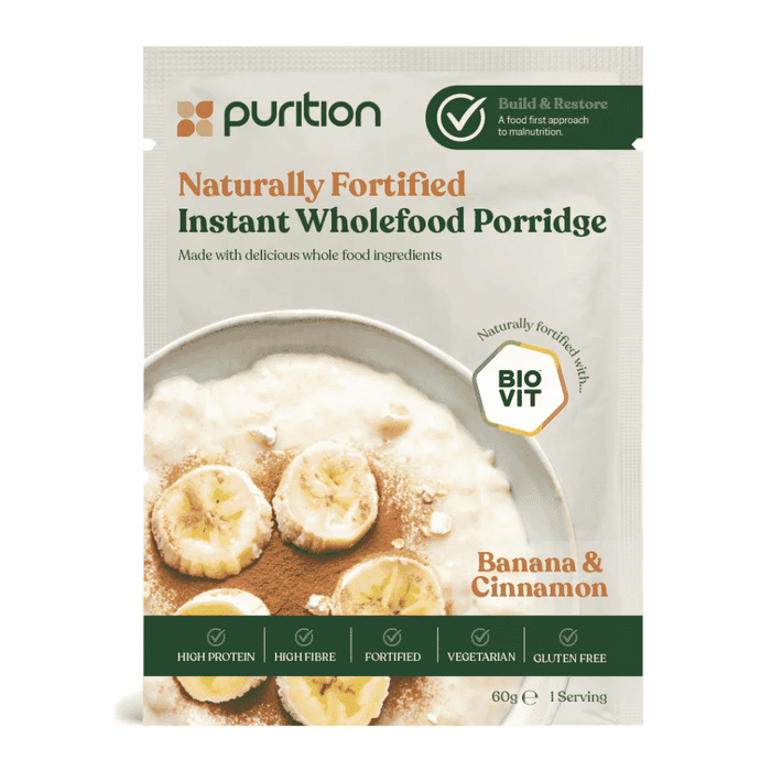 Purition Naturally Fortified Instant Wholefood Porridge Banana & Cinnamon 60g SINGLE