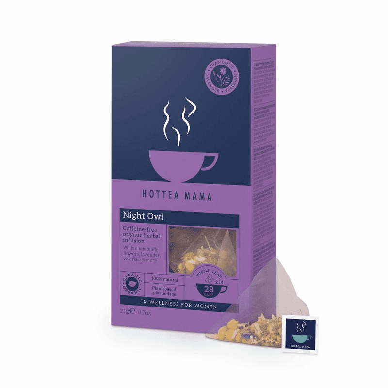 HotTea Mama Night Owl Organic Herbal Infusion teabags, 14-pack, featuring natural ingredients for relaxing herbal tea.