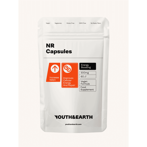 Youth & Earth NR Capsules 300mg, 60 count, close-up of dietary supplement capsules in a bottle, natural health product.