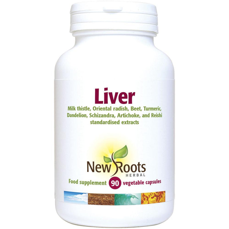 Box of New Roots Herbal Liver 90's dietary supplement with 90 capsules displayed in the image.