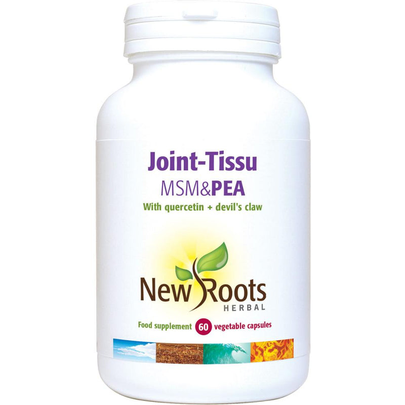 New Roots Herbal Joint-Tissu MSM & PEA supplement bottle showing 60 capsules, designed to support joint and tissue health.
