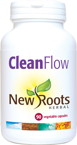 Bottle of New Roots Herbal Clean Flow dietary supplement with 90 capsules, featuring the product label and packaging.