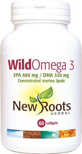 Fresh bottle of New Roots Herbal Wild Omega-3 capsules, 60-count, showing the supplement container and label.