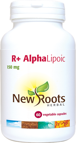 New Roots Herbal R+ Alpha Lipoic supplement bottles, 60 capsules, with label details visible.