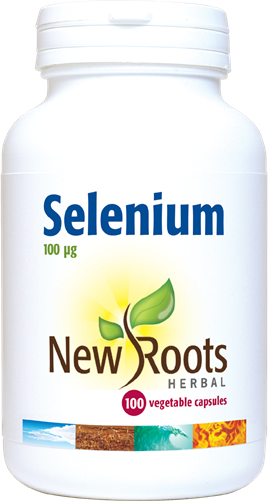 Bottle of New Roots Herbal Selenium supplements with 100 capsules, showing the product label and branding.