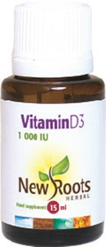 New Roots Herbal Vitamin D3 1000IU liquid in 15ml bottle, featuring a dropper for easy dosing and natural supplement benefits.