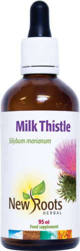 New Roots Herbal Milk Thistle 95ml food supplement bottle with dropper, Silybum marianum extract