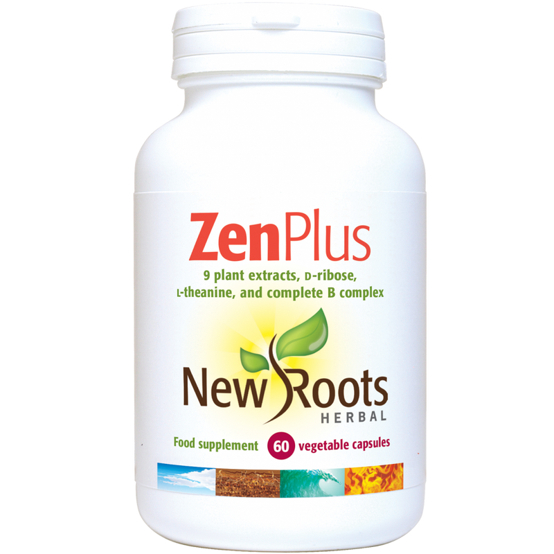 Box of New Roots Herbal ZenPlus 60 capsules showing the product packaging with branding and label details.