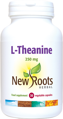 Bottle of New Roots Herbal L-Theanine 30 capsules with a white label and green accents, displayed on a white background.
