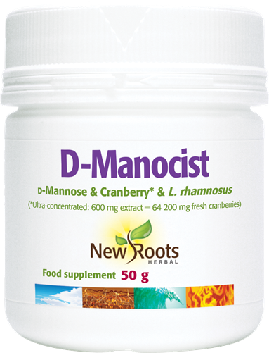 New Roots Herbal D-Manocist 50g herbal supplement powder in a clear jar with label and scoop for easy use