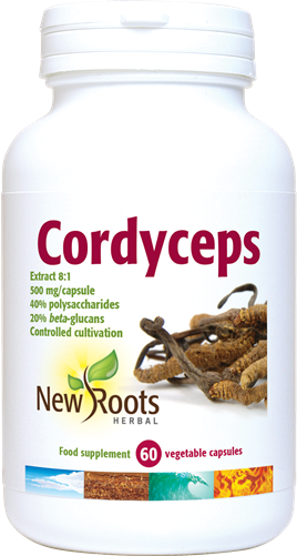 Bottle of New Roots Herbal Cordyceps dietary supplements with 60 capsules, natural health vitamins and herbal supplement product.