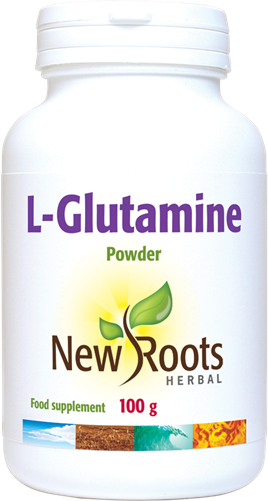 Container of New Roots Herbal L-Glutamine supplement, 100g, with a white label and green accents, on a plain background.
