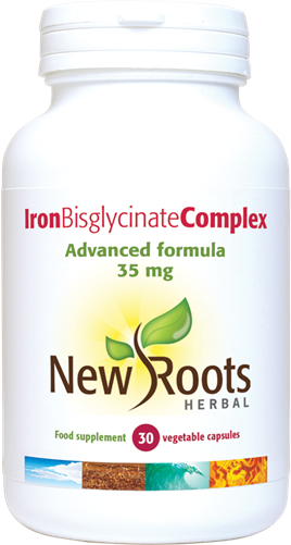 New Roots Herbal Iron Bisglycinate Complex bottle of 30 vitamins and supplements, showing the supplement capsules and label.