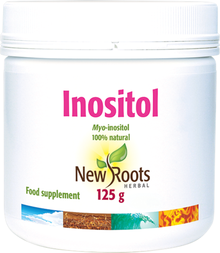 New Roots Herbal Inositol 125g supplement container with label showing product details and branding.