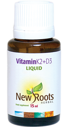 New Roots Herbal Vitamin K2 + D3 15ml supplement bottle showing the label and packaging for healthy bone support