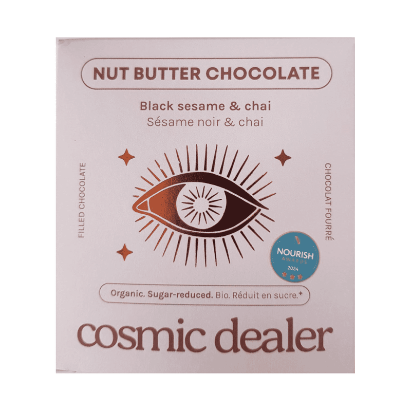 Cosmic Dealer Nut Butter Chocolate Black Sesame and Chai flavor in a 4-box set, with jars featuring black sesame and chai ingredients.