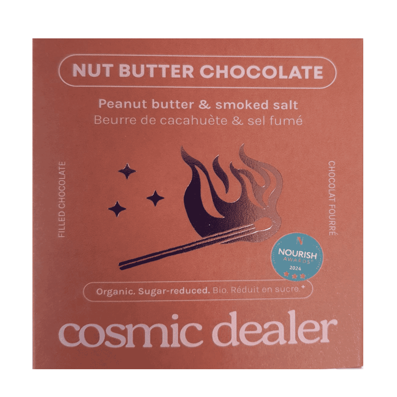 Cosmic Dealer Nut Butter with chocolate, peanut butter, and smoked salt in a 4-box pack, shown in a close-up image.