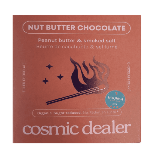 Cosmic Dealer Nut Butter with chocolate, peanut butter, and smoked salt in a 4-box pack, shown in a close-up image.