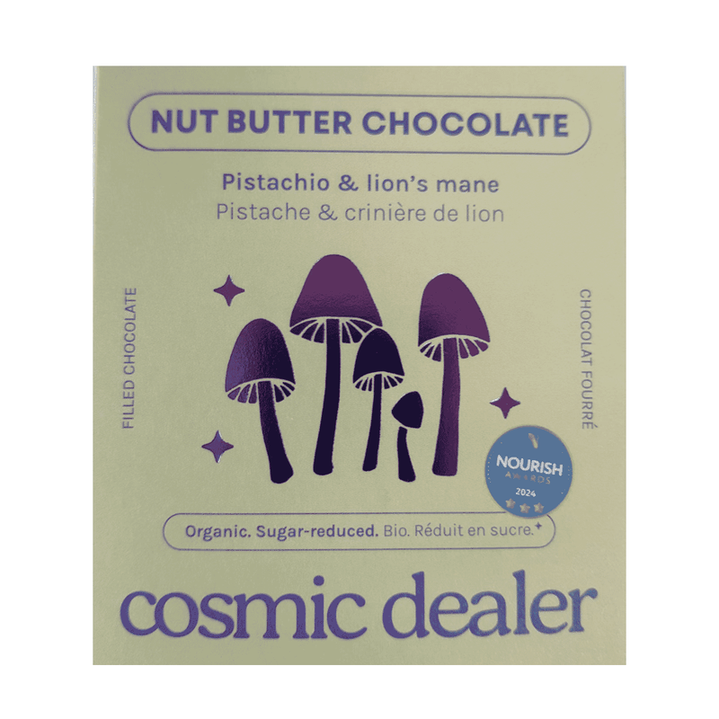 Cosmic Dealer Nut Butter with chocolate, pistachio, and lion's mane in a 4-box package, showcasing the colorful product packaging.