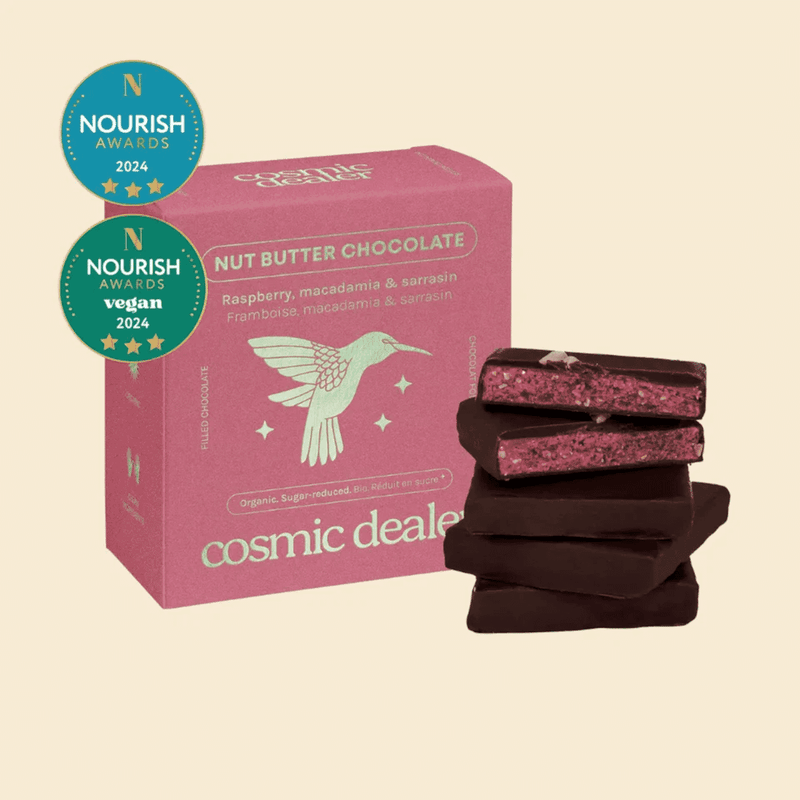Cosmic Dealer Nut Butter Chocolate Raspberry, Macadamia & Sarrasin Box 4 Chocolates