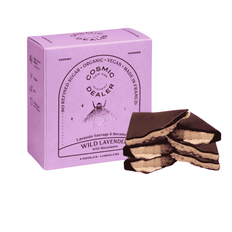 Cosmic Dealer Nut Butter Chocolate with Wild Lavender and Macadamia in a 4-box set, showing creamy nut butter with lavender and macadamia pieces.