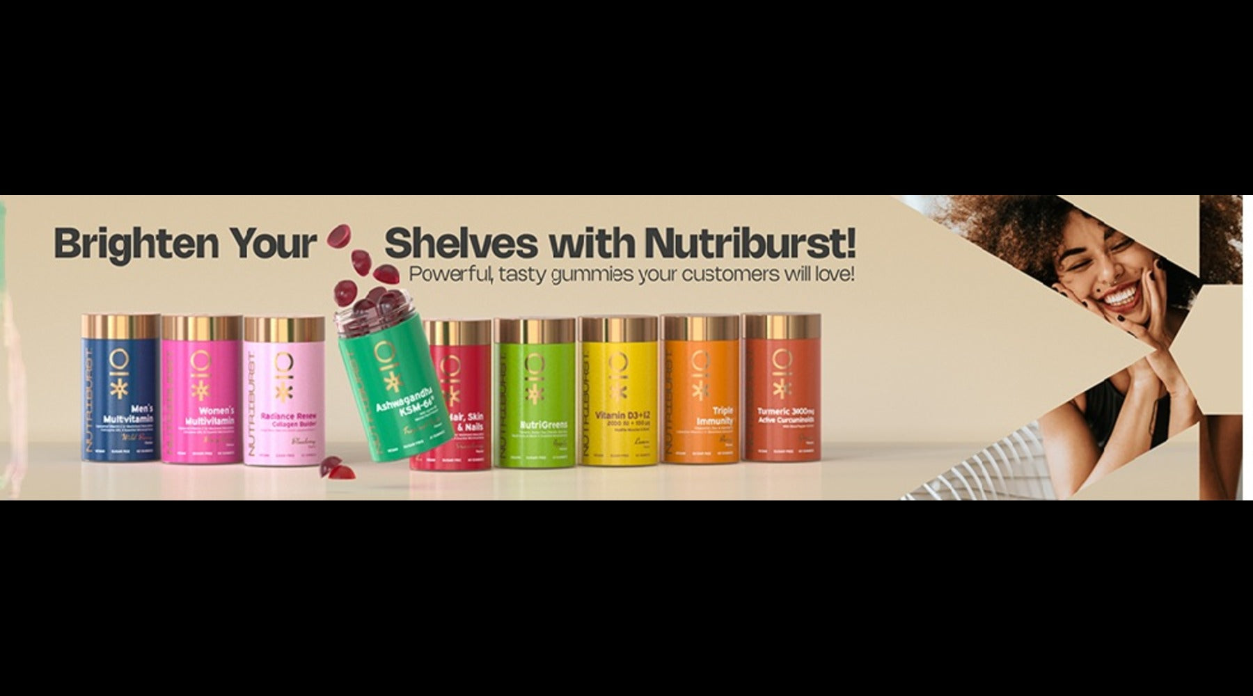 Nutriburst gummy vitamins in colorful jars for health and wellness