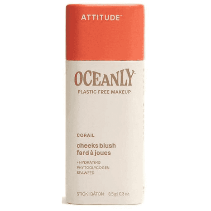 ATTITUDE Oceanly Corail Cheeks Blush Stick with 8.5g, showing the coral-colored blush stick in a natural, close-up view