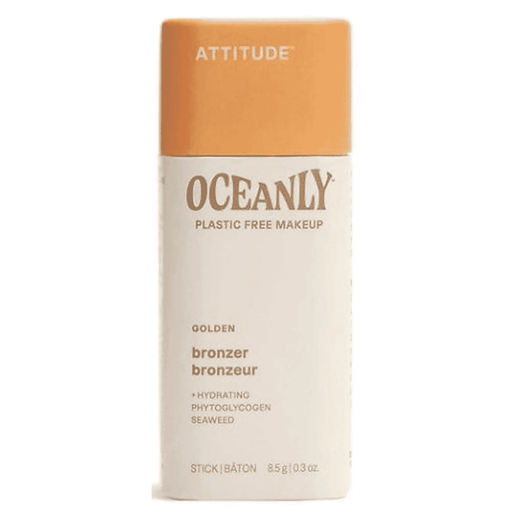 ATTITUDE Oceanly Golden Bronzer Stick 8.5g showing the smooth, golden-toned makeup stick in a sleek container.