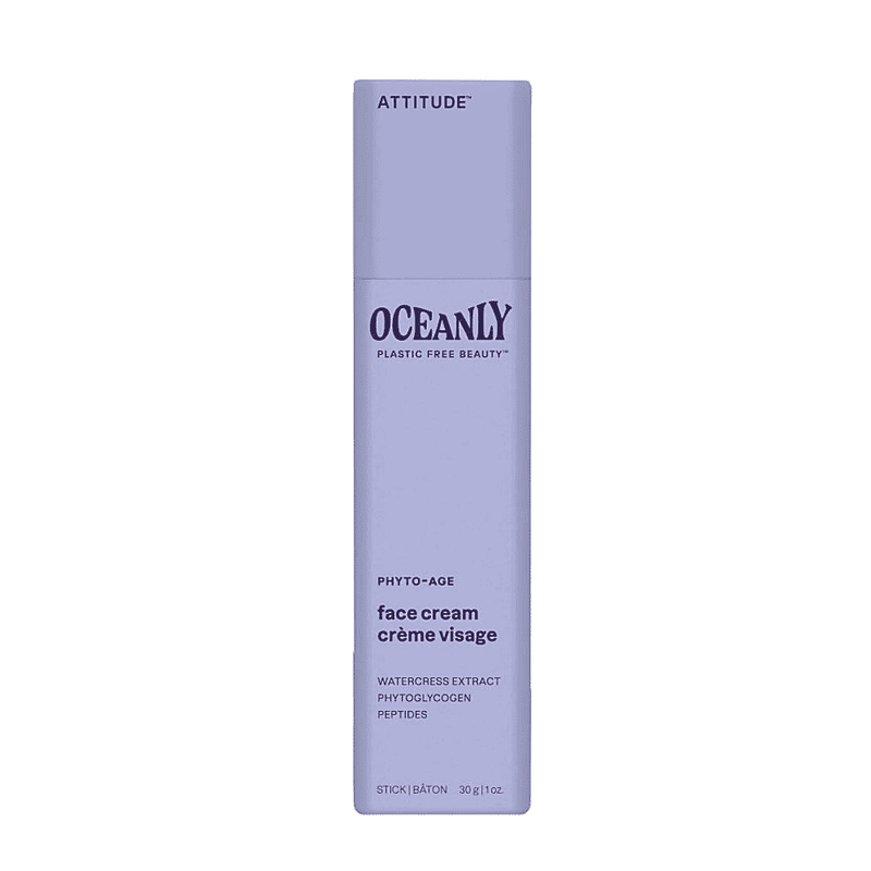 ATTITUDE Oceanly PHYTO-AGE face cream stick 30g with natural ingredients, showing the portable skincare product in a sleek container.