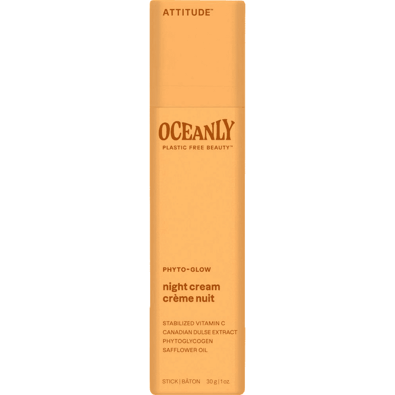 ATTITUDE Oceanly PHYTO-GLOW Night Cream Stick 30g with hydrating botanical ingredients, shown in a sleek white stick container.