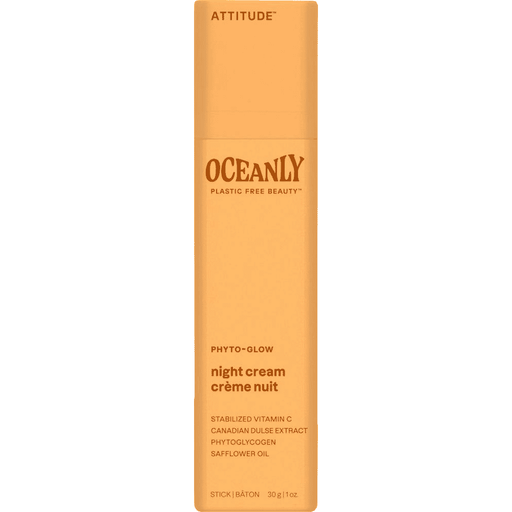 ATTITUDE Oceanly PHYTO-GLOW Night Cream Stick 30g with hydrating botanical ingredients, shown in a sleek white stick container.