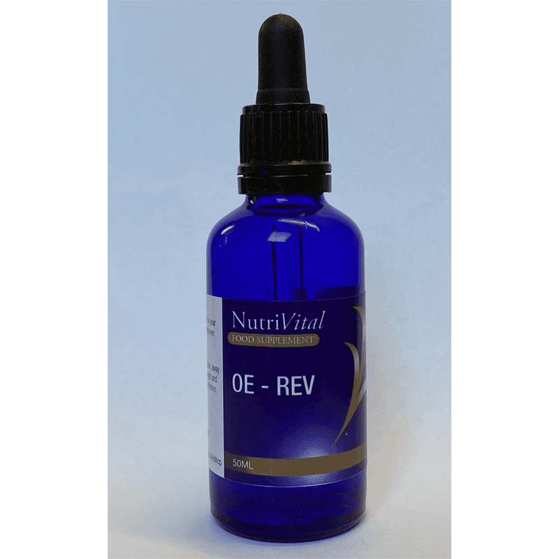 Nutrivital OE-REV 50ml bottle with label, featuring product branding and packaging details on a white background.