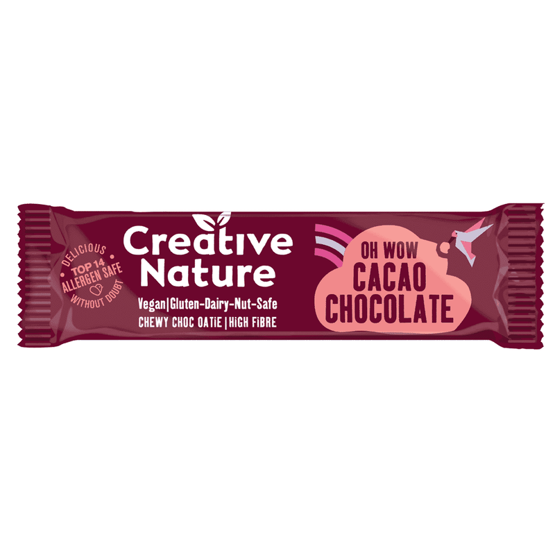 Creative Nature Oh Wow Cacao Chocolate Chewy Oatie Bar, 38g, shown in a case of 20 bars, with chocolate and oat ingredients visible.