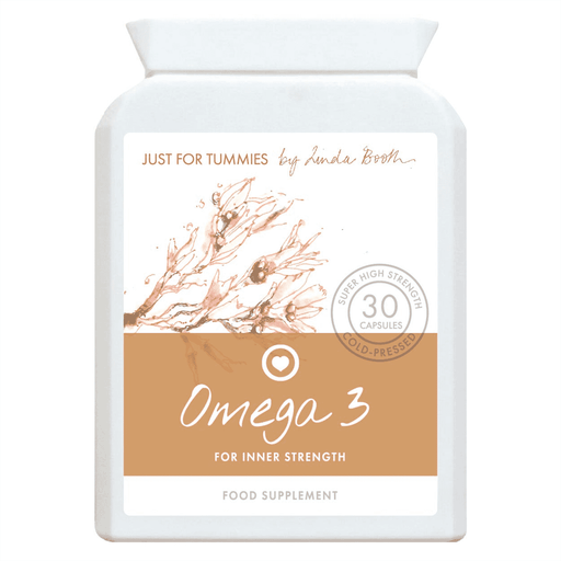 Bottle of Just For Tummies Omega 3 softgels in a clear container, showing 30 capsules inside.