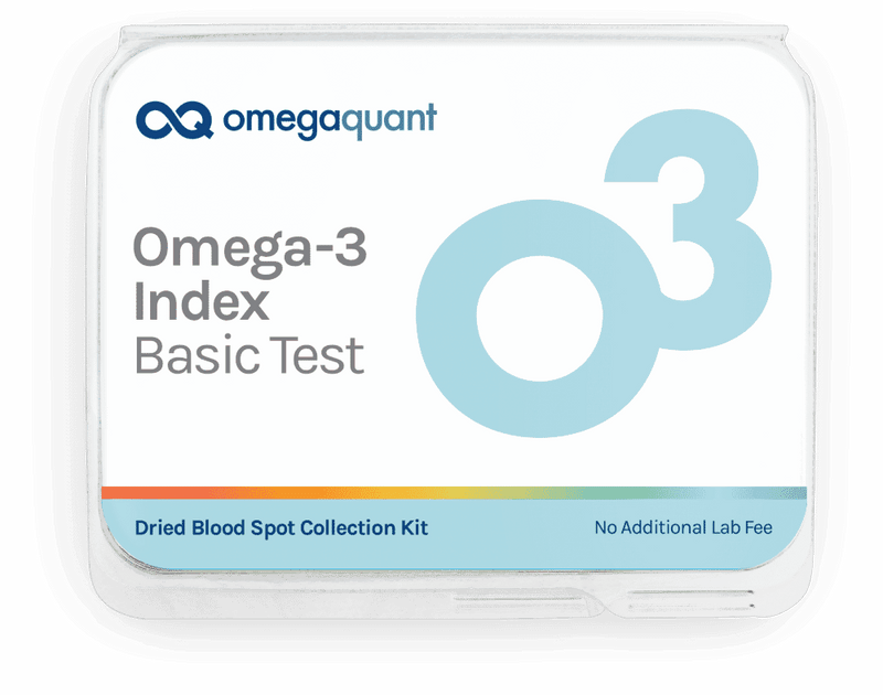 Omega Quant Omega-3 Index Basic Test kit showing a self-test kit with testing materials and instructions for measuring omega-3 levels.