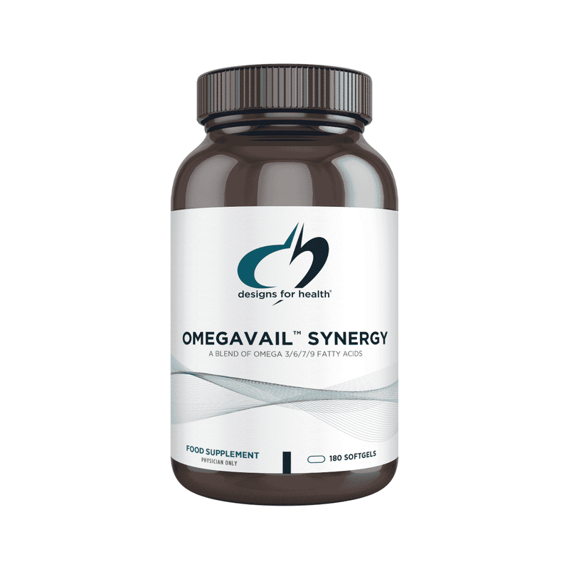 Bottle of Designs For Health OmegAvail Synergy omega-3 supplement capsules with label visible.