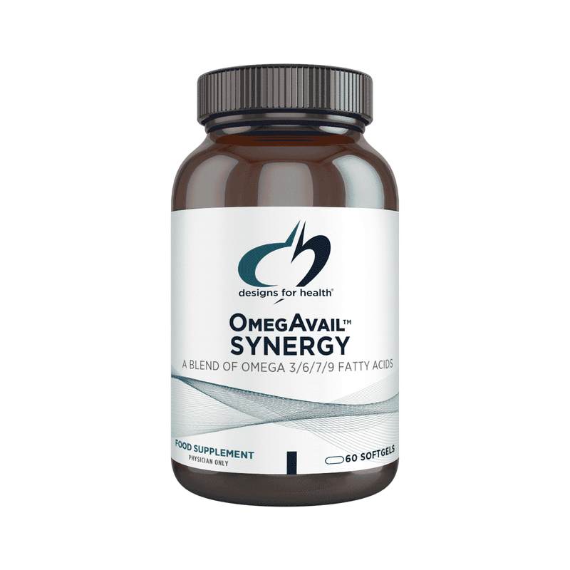 Bottle of Designs For Health OmegAvail Synergy omega-3 softgels in a clear container with a white label.