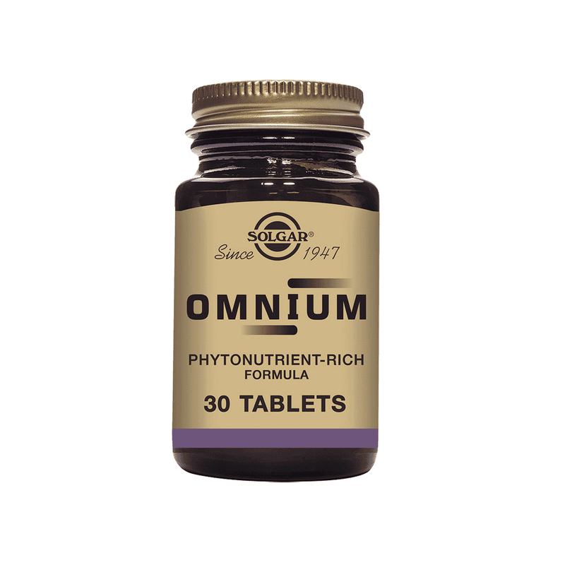 Solgar Omnium Tablets 30-pack, dietary supplement with multivitamins and minerals, shown in a clear image of the bottle and tablets.