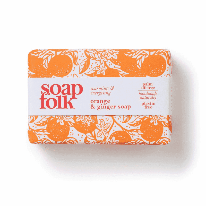 Soap Folk Orange & Ginger Soap bar in 105g, featuring bright orange and ginger slices, natural and aromatic skincare product.