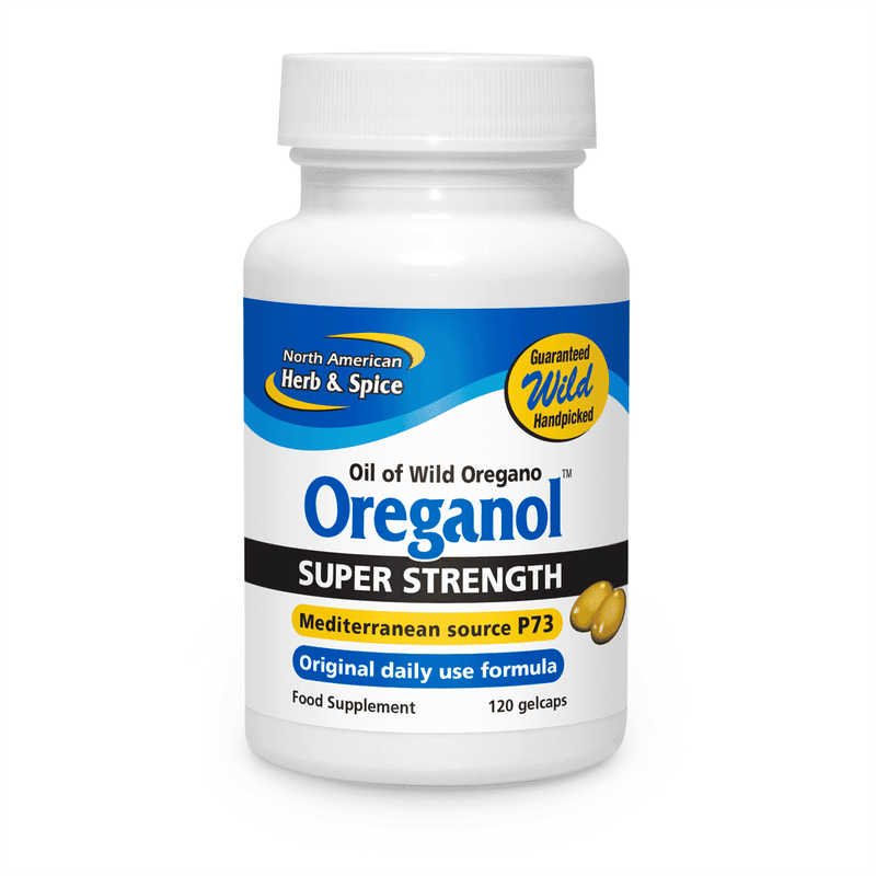 North American Herb & Spice Oreganol Super Strength P73 supplement bottle with 120 softgel capsules.