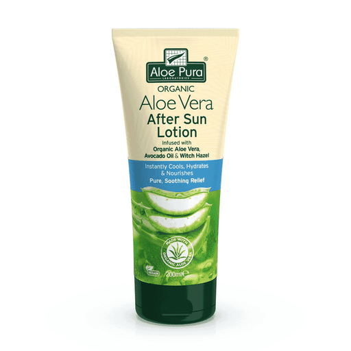 Organic Aloe Pura Aloe Vera After Sun Lotion in 200ml bottle, featuring soothing aloe vera for skin relief after sun exposure.