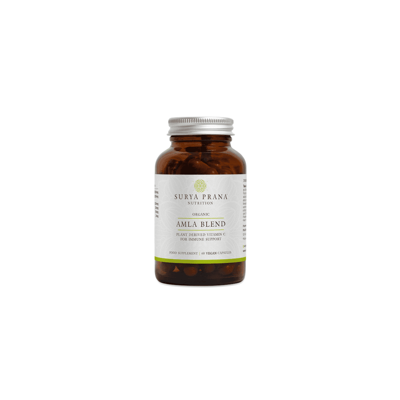 Organic Amla Blend supplement by Surya Prana Nutrition in a bottle with 60 capsules, featuring a label with green and white design.
