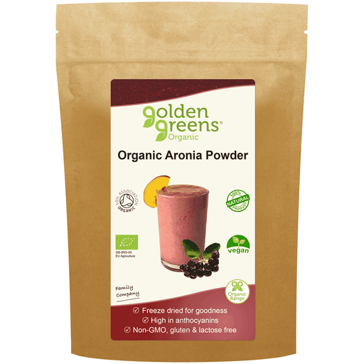 Organic Aronia powder in a 100g package from Golden Greens (Greens Organic), showing the vibrant dark purple powder inside a clear jar.