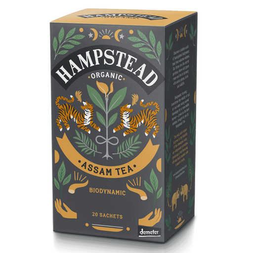 Organic Assam tea bags from Hampstead Tea, showing 20 individually wrapped tea sachets in a natural tea packaging.