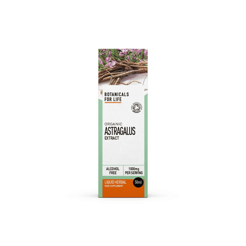 Botanicals For Life Organic Astragalus Extract 50ml bottle showing the amber liquid inside a clear glass container