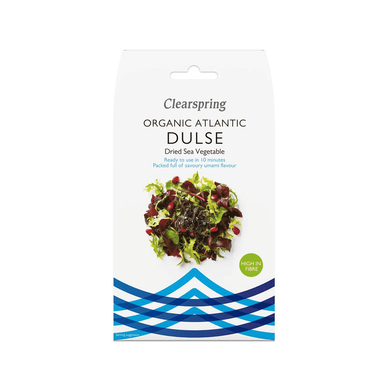 Dried Atlantic Dulse sea vegetable in 25g package by Clearspring, showcasing fresh, reddish seaweed flakes.