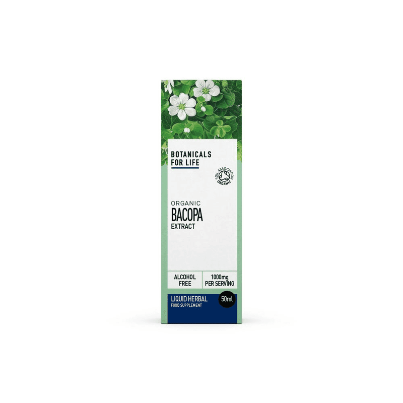 Botanicals For Life Organic Bacopa Extract 50ml bottle with a dropper cap, showcasing the herbal supplement in clear glass packaging.