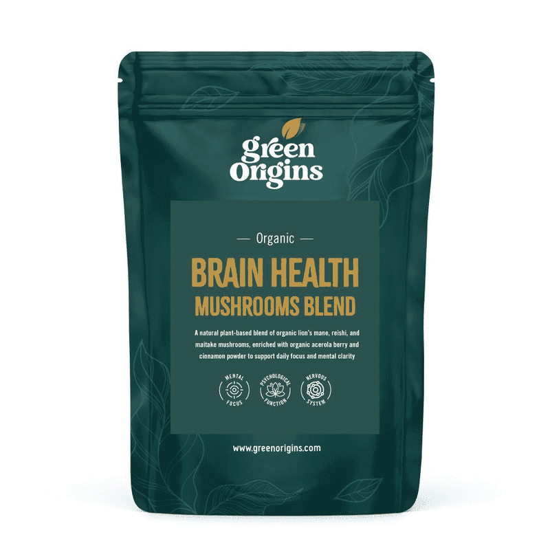 Organic Green Origins Brain Health Mushrooms Blend in a 100g package, featuring a mix of organic medicinal mushrooms for cognitive support.